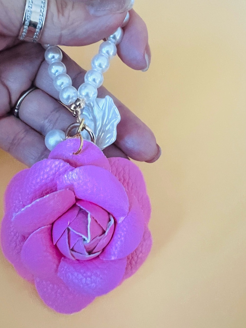 Pink PU Leather Camellia Keychain with Pearl Strap